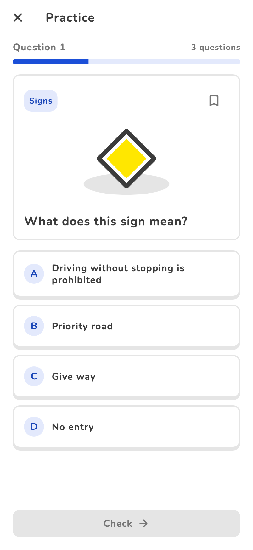 Actual AvtoFast practice screen in English with a sample priority-road question