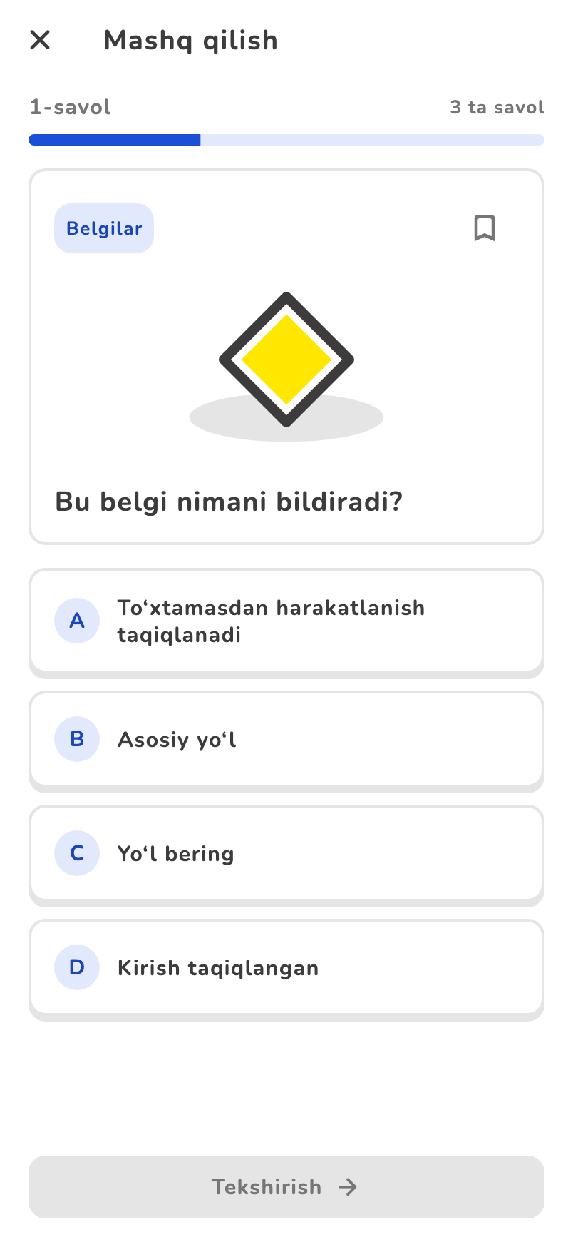 AvtoFast ilovasining o‘zbek lotin tilidagi mashq ekrani, asosiy yo‘l haqidagi namunaviy savol